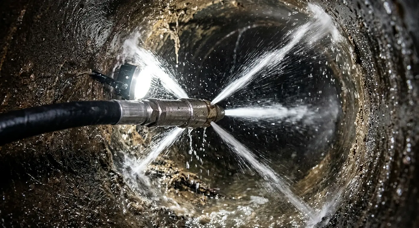 High-pressure hydro jetting nozzle cleaning sewer pipe for Emergency Drain Service in Cahokia Heights