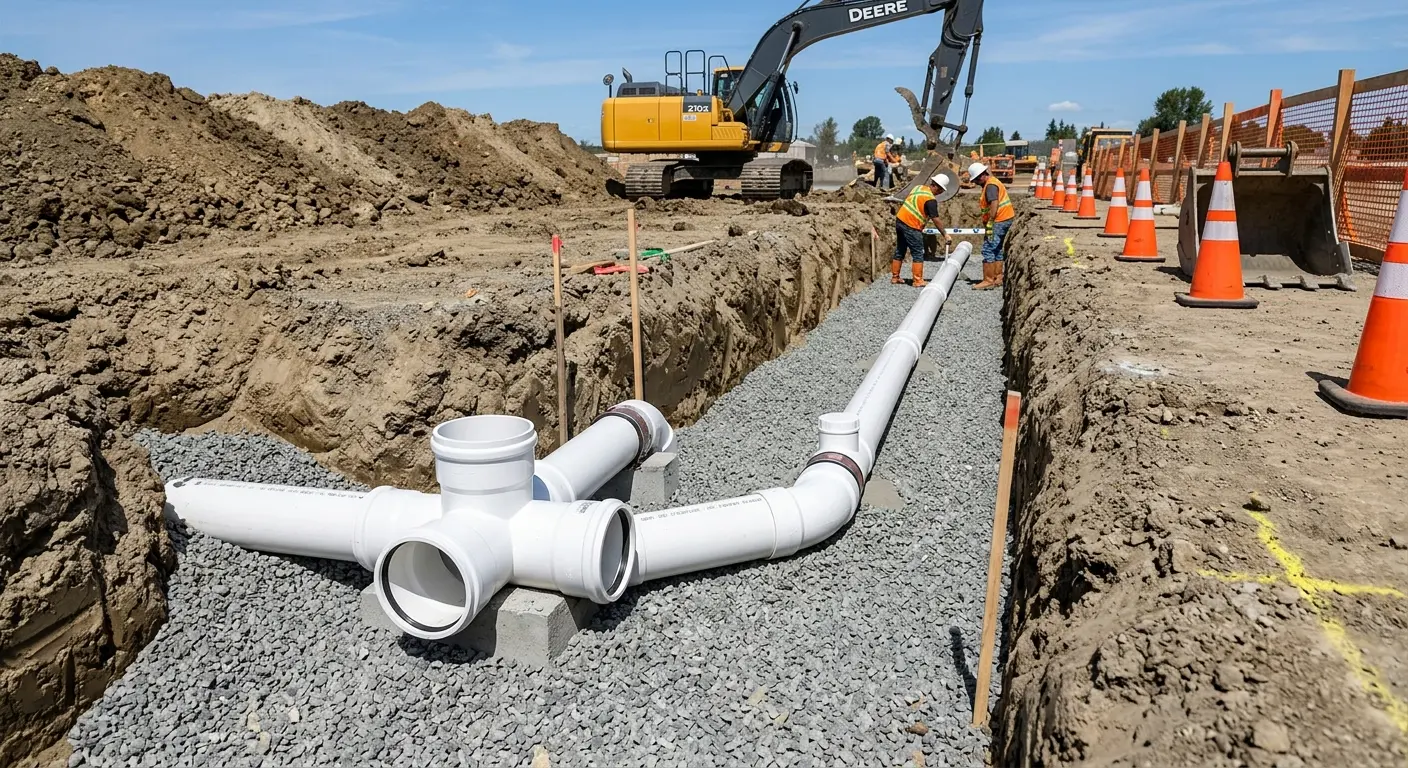 New PVC sewer pipe installation in open trench for Grease Trap Cleaning in Cahokia Heights