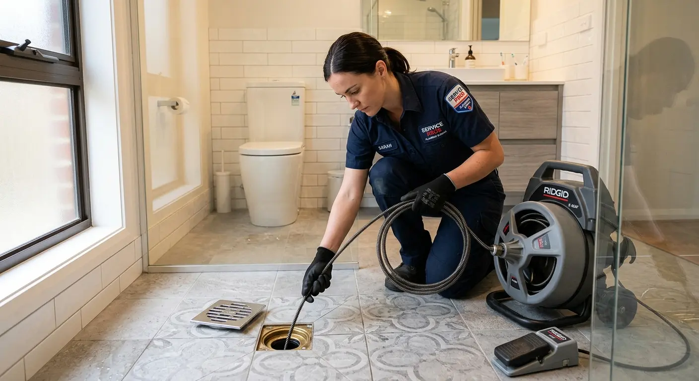 Technician clearing a bathroom floor drain for Drain Cleaning in Cahokia Heights